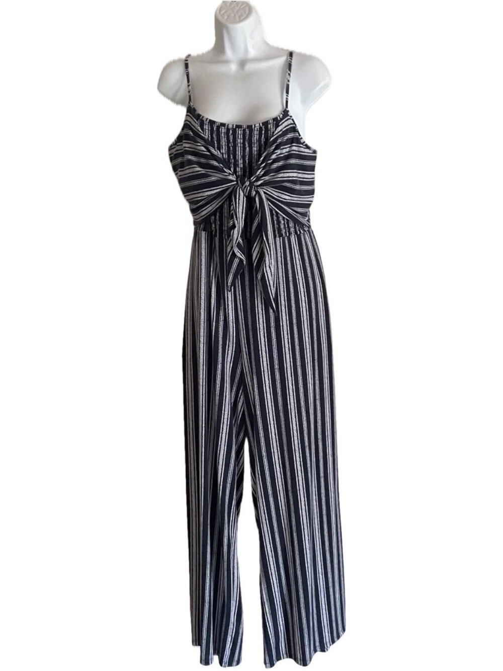 Striped Blue & White Tie-Front Wide-Leg Jumpsuit